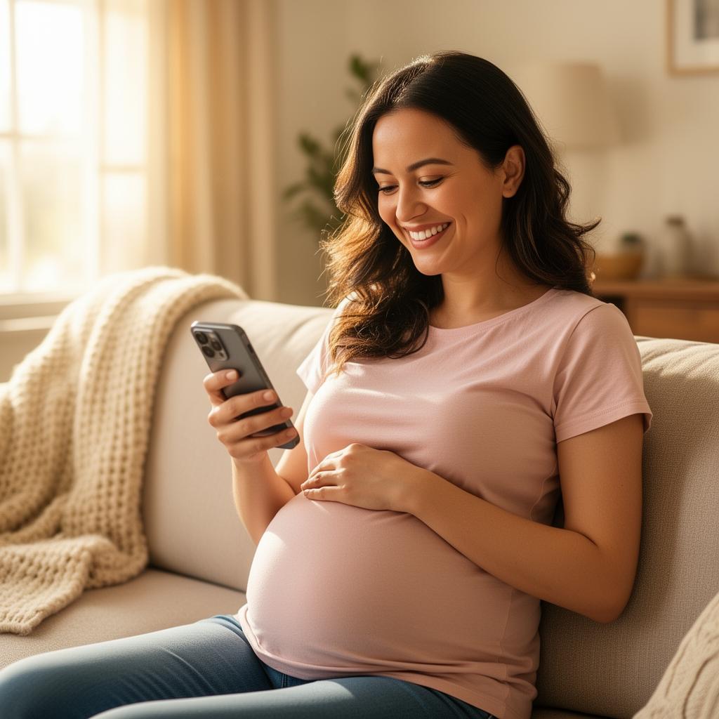 Gestante sorrindo enquanto consulta o benefício pelo celular
