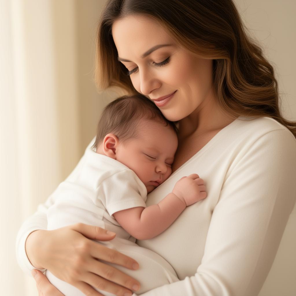 Mãe segurando bebê recém-nascido com carinho